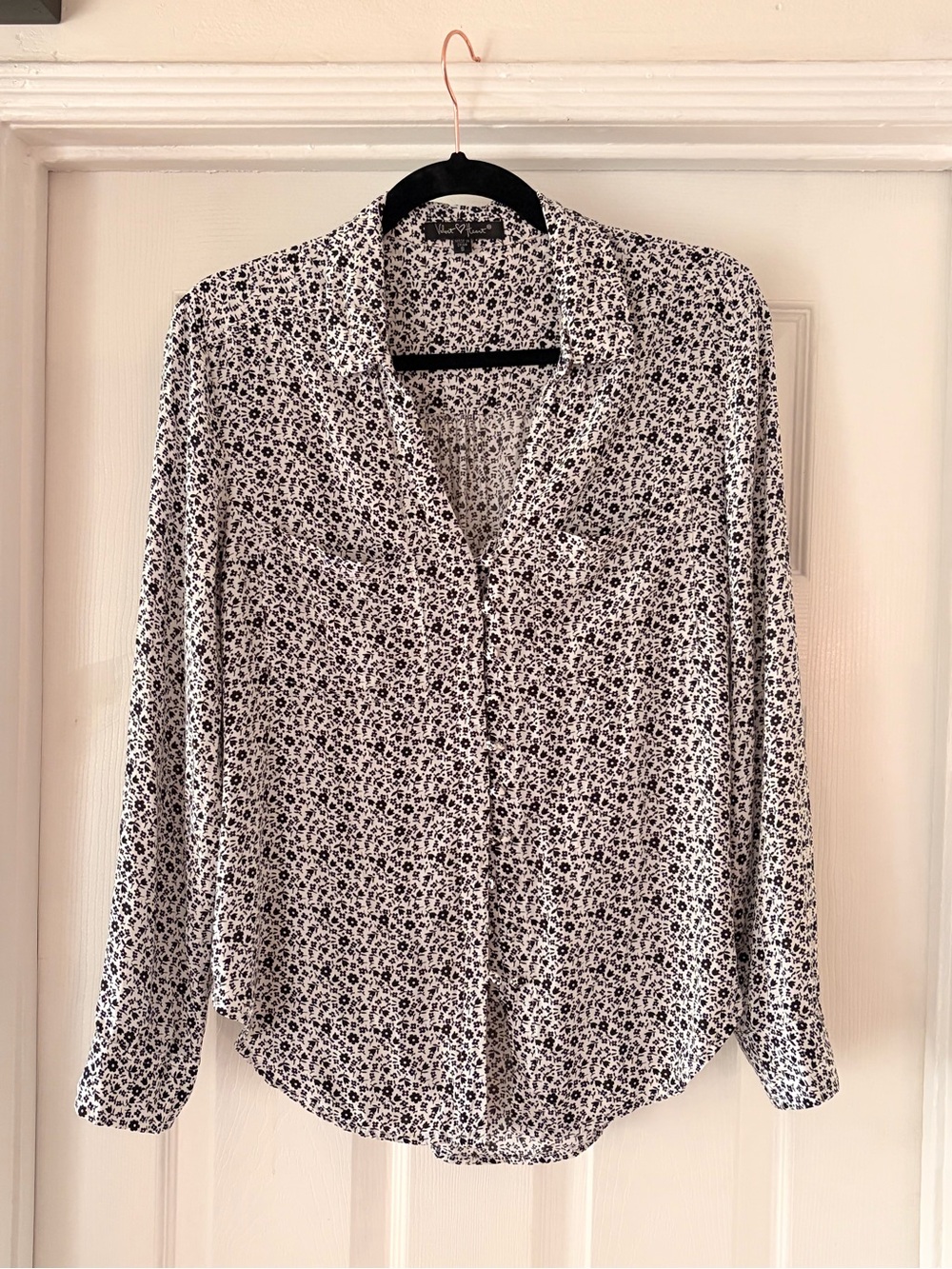 Velvet Heart White Button-Down Shirt with Black Ditsy Floral Print